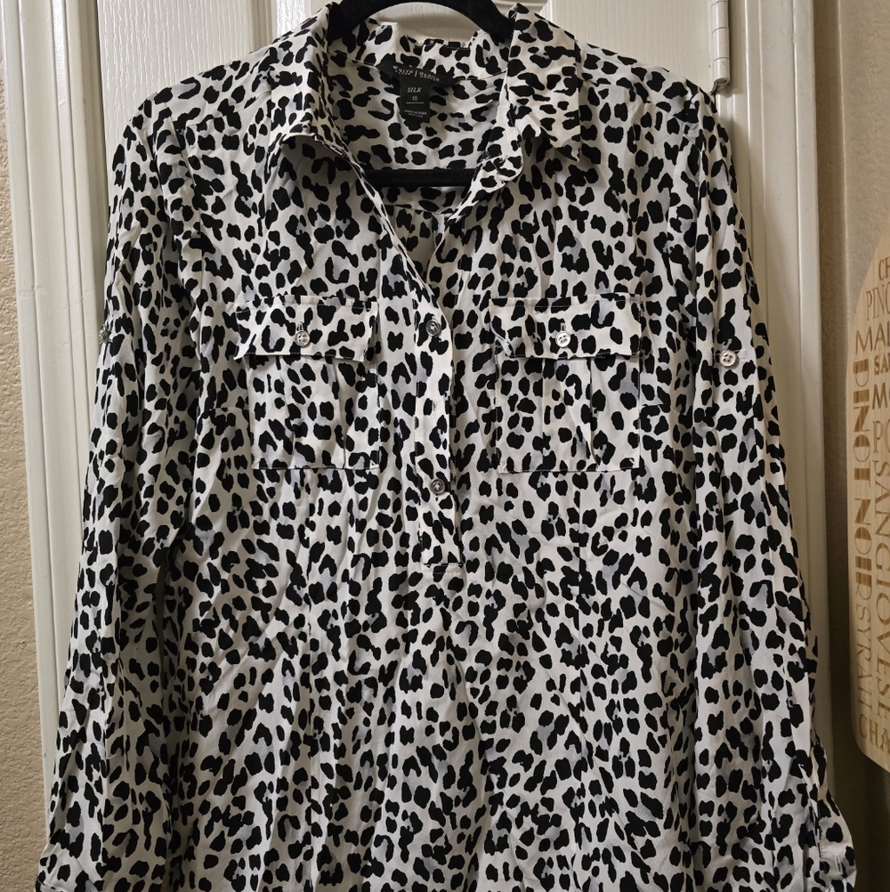 White House Black Market Animal Print Silk Button Up Blouse